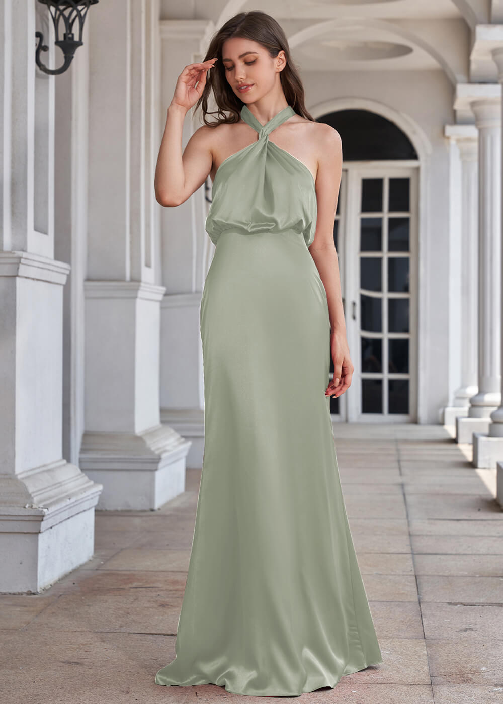 Halter Neck Sheath Satin Floor Length Bridesmaid Dress