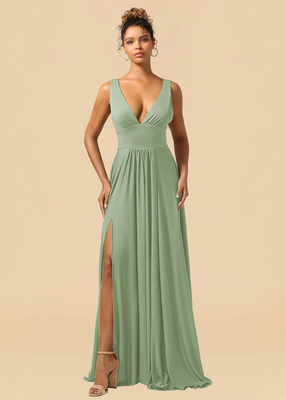 Deep V-neck Spandex A-line Maxi Bridesmaid Dress with Slit