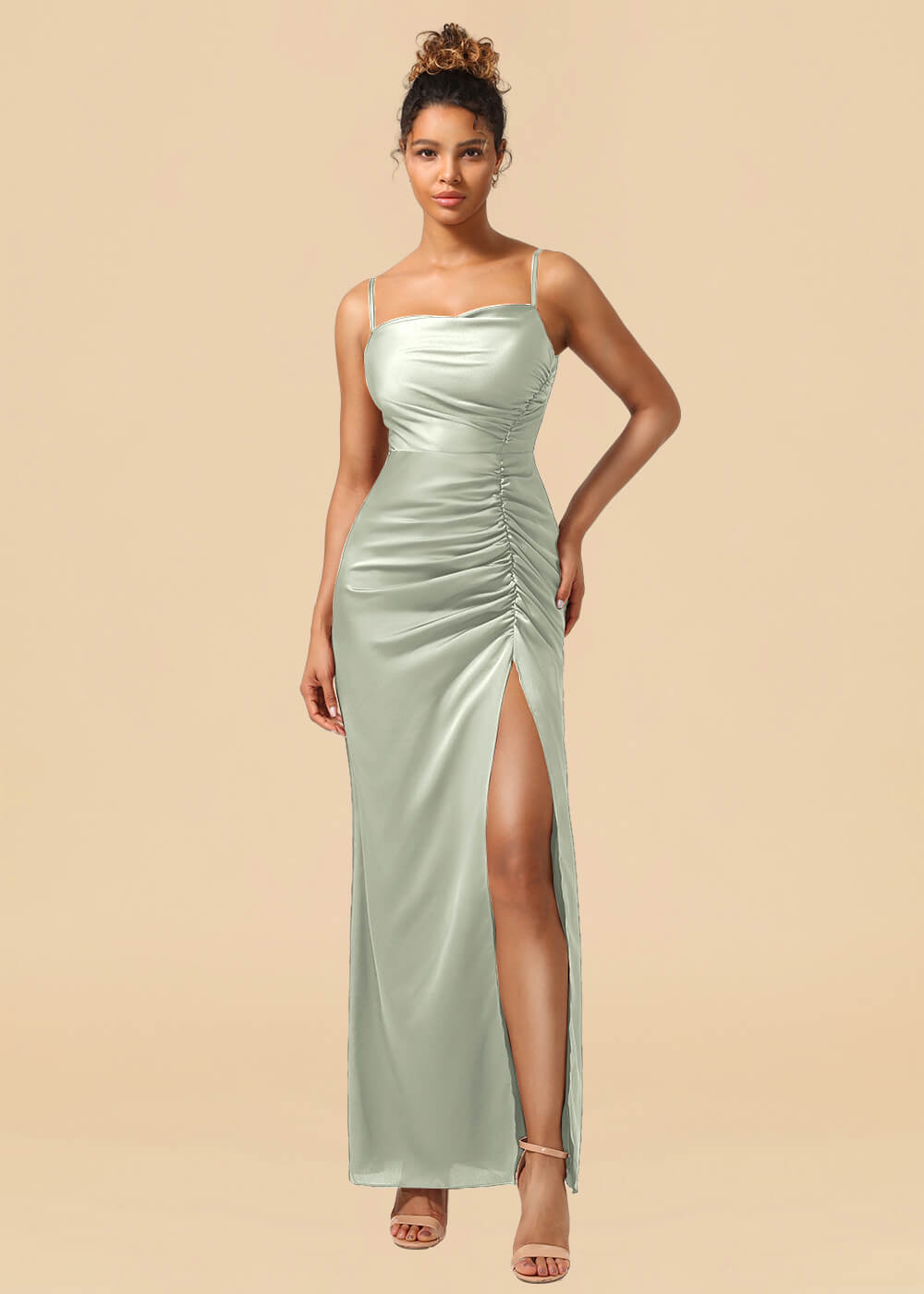 Sheath Satin Pleated Adjustable Spaghatti Strap Maxi Bridesmaid Dress