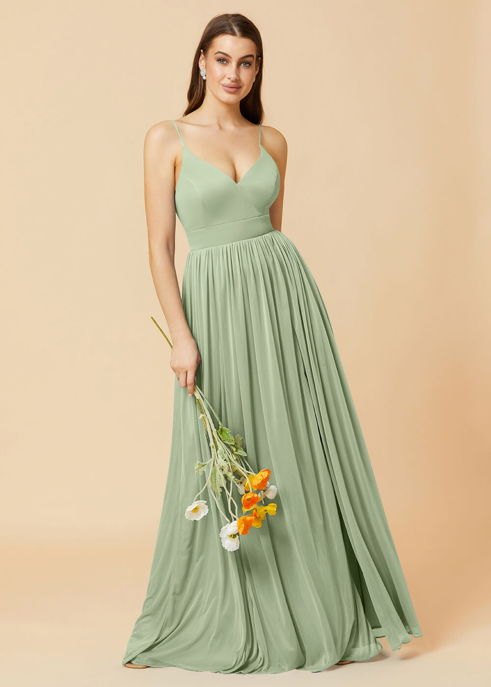 V-neck Spaghetti Strap Open Back Chiffon Bridesmaid Dress