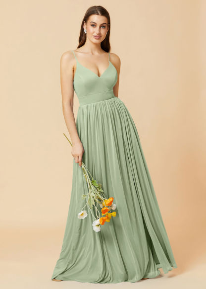 V-neck Spaghetti Strap Open Back Chiffon Bridesmaid Dress