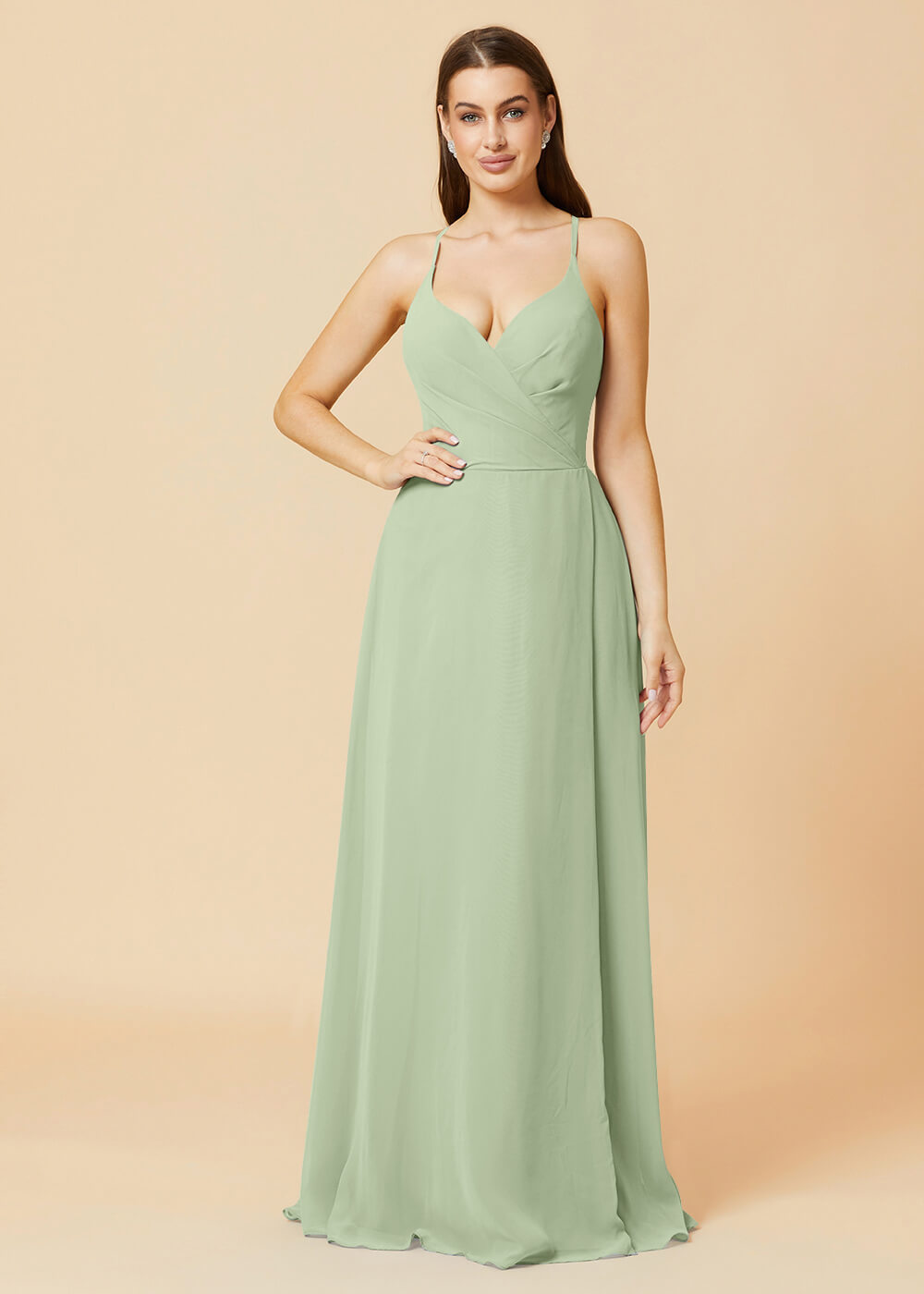 V-neck Spaghetti Strap Button Back Chiffon Bridesmaid Dress