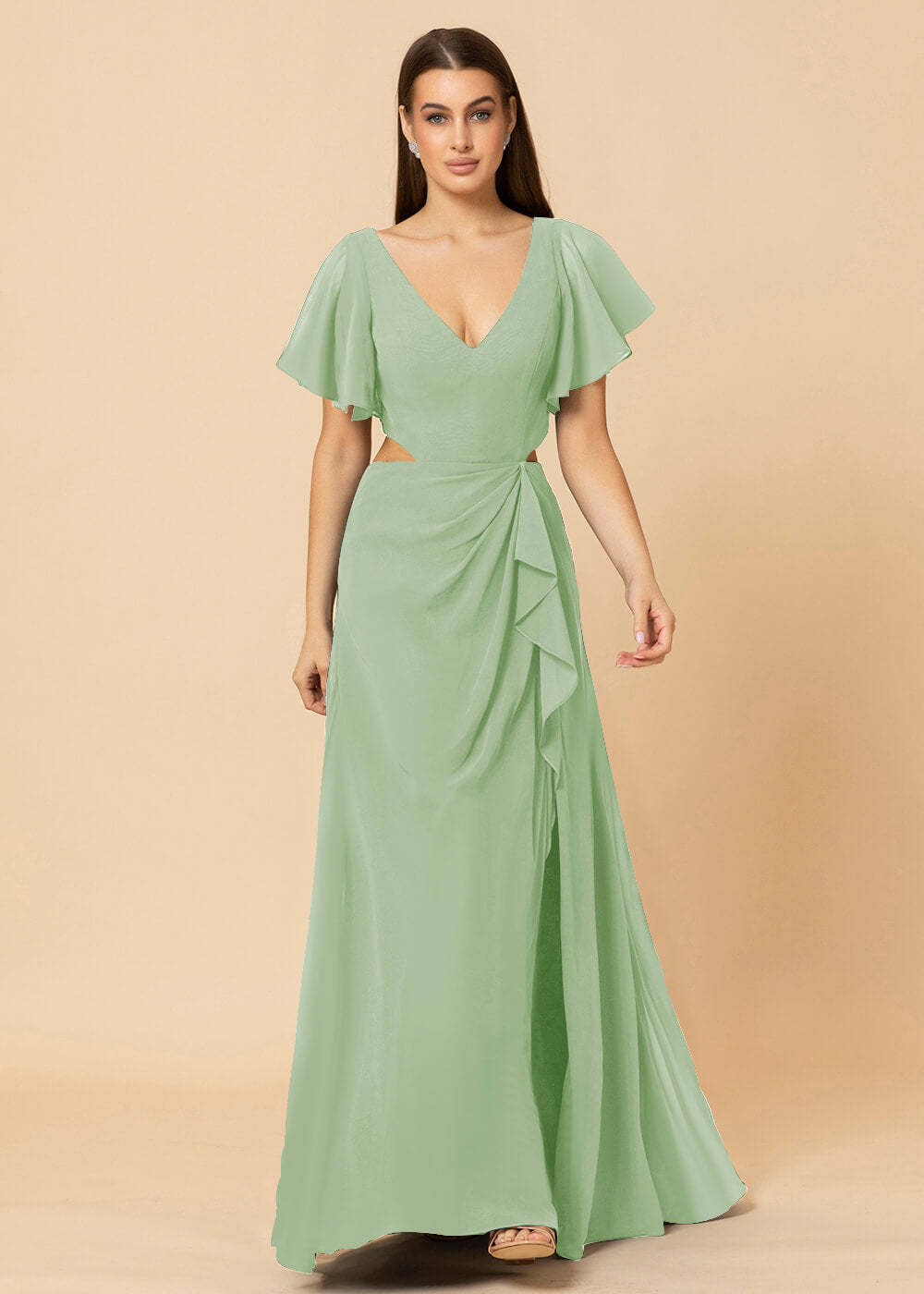V-neck Waist Cut Out Floor Length Bridesmaid Dress