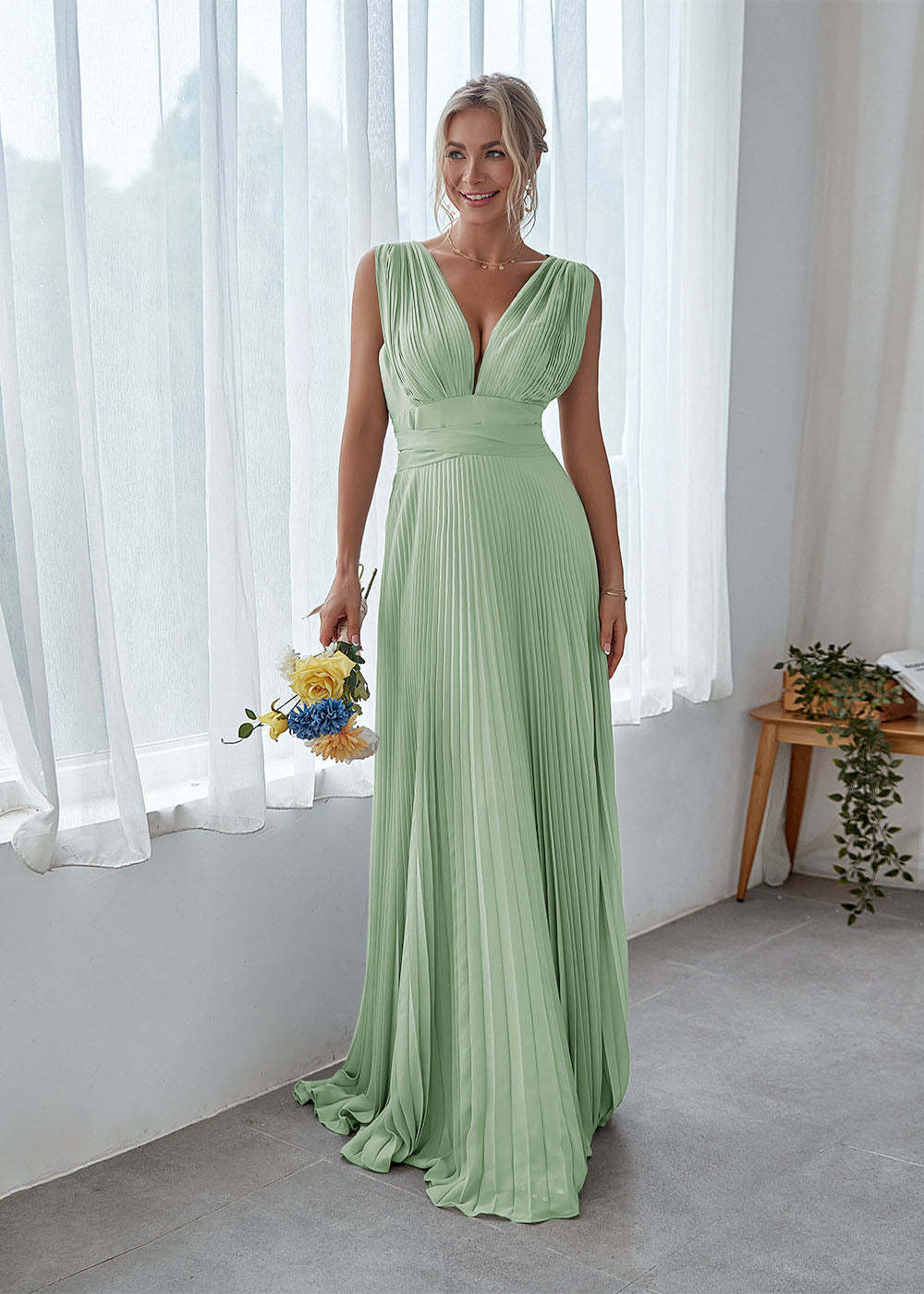 V Back Pleated Bridesmaid Dress