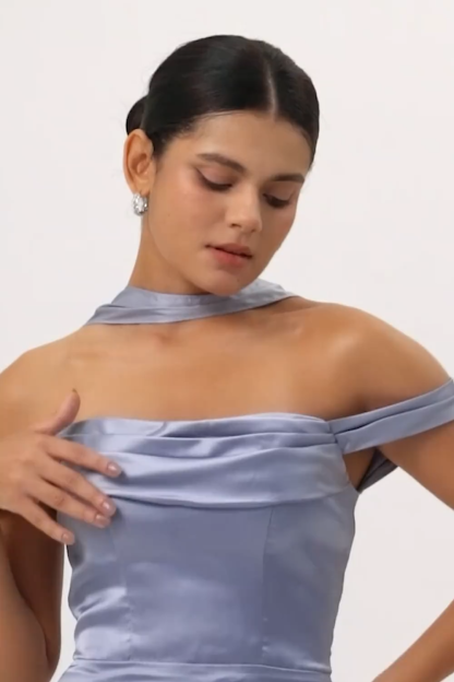 Dusty Blue Satin Mermaid Off the Shoulder Long Bridesmaid Dress