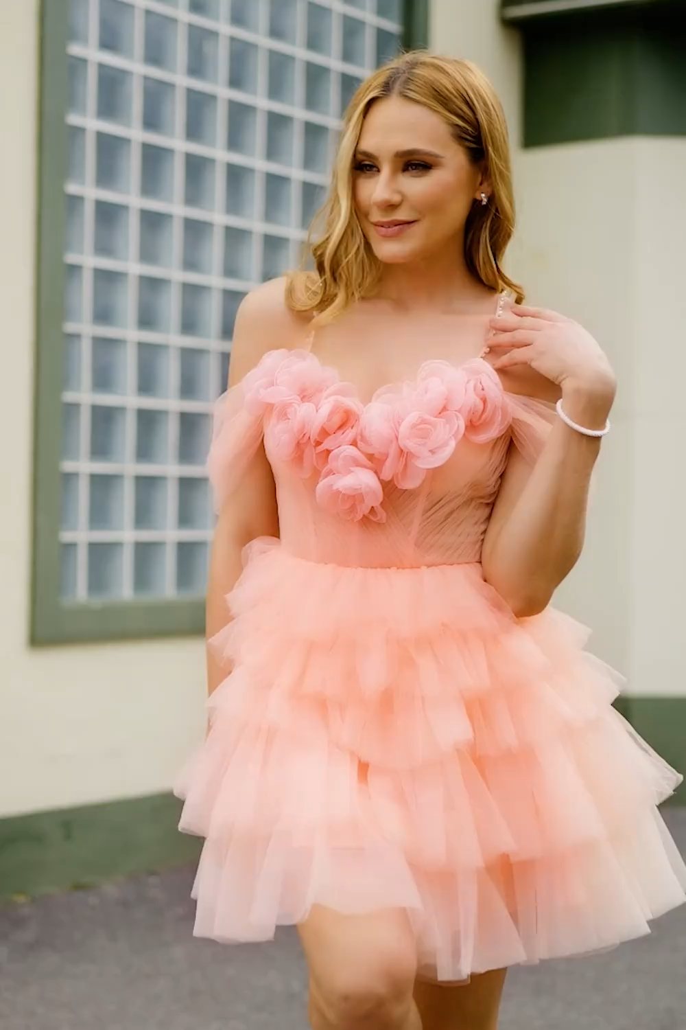 Blush Cold Shoulder Tulle A Line Short Floral Homecoming Dress with Ruffles