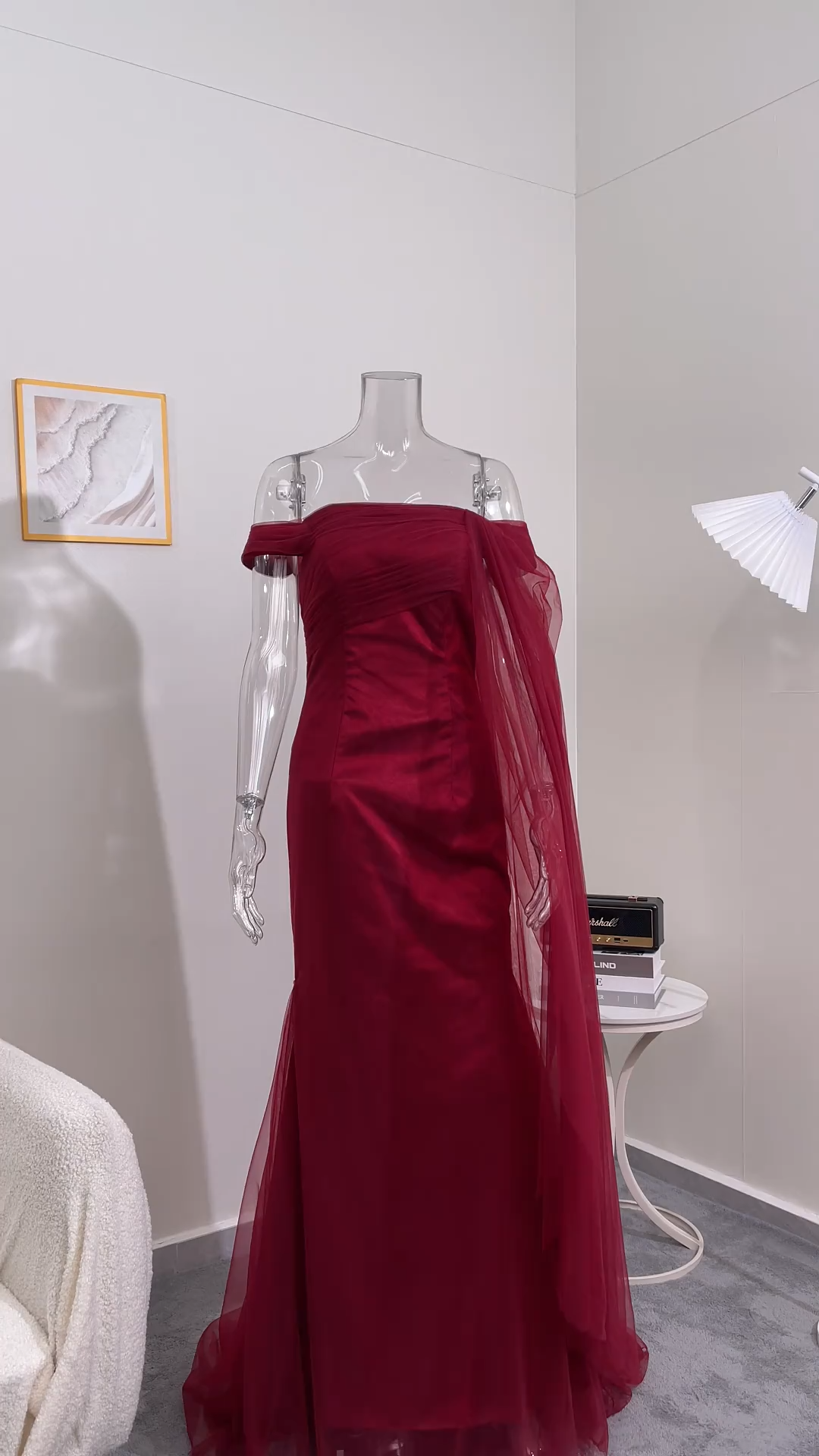 Cabernet Off the Shoulder Sheath Maxi Formal Dress with Ruffles