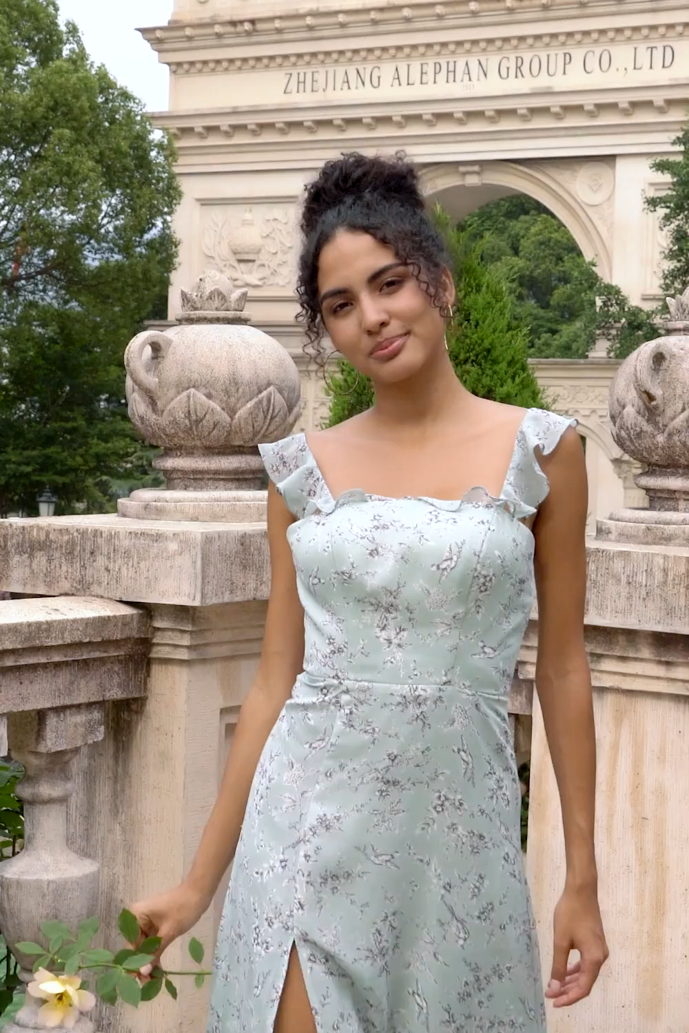 Grey Green Sleeveless Floral A Line Bridesmaid Dress with Slit