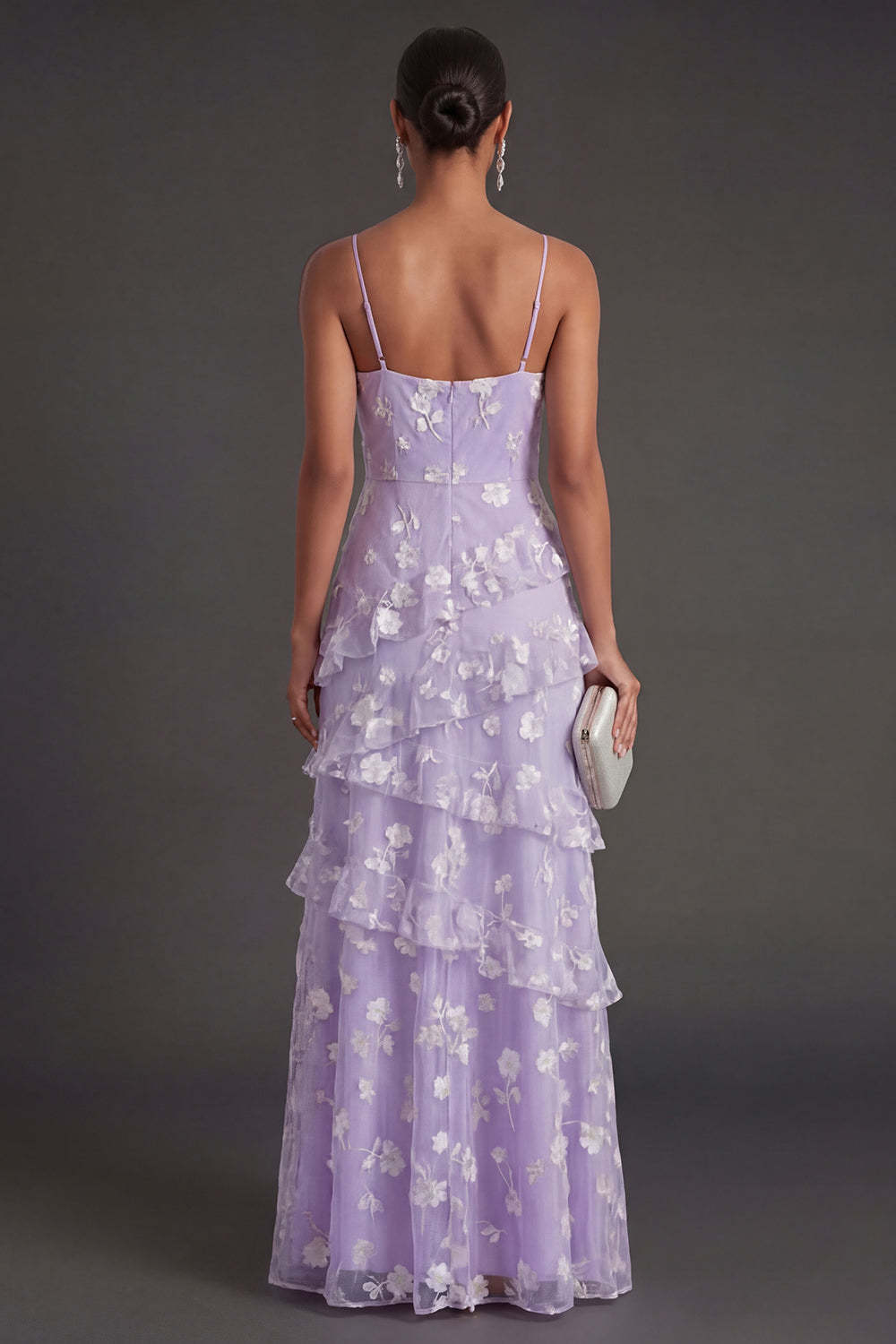 Floral White A Line Spaghetti Straps Ruffled Long Engagement Dress with Slit