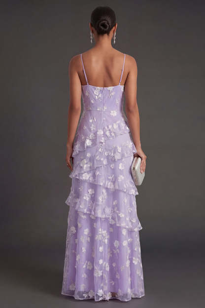 Floral White A Line Spaghetti Straps Ruffled Long Engagement Dress with Slit