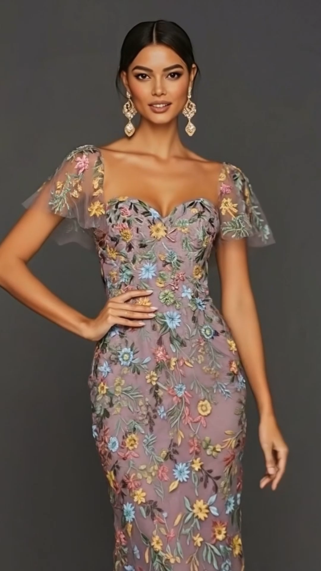 Floral Mauve Tulle Sheath Midi Wedding Guest Dress with Sleeves