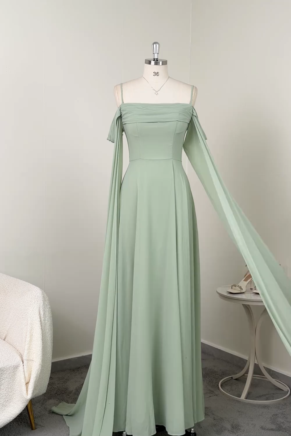 Light Green Cold Shoulder A-Line Chiffon Watteau Train Bridesmaid Dress
