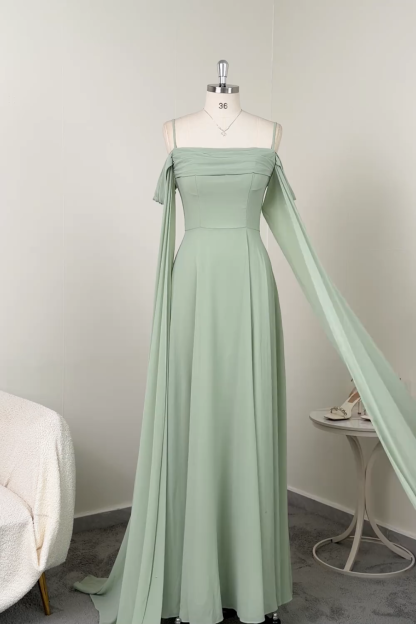 Light Green Cold Shoulder A-Line Chiffon Watteau Train Bridesmaid Dress