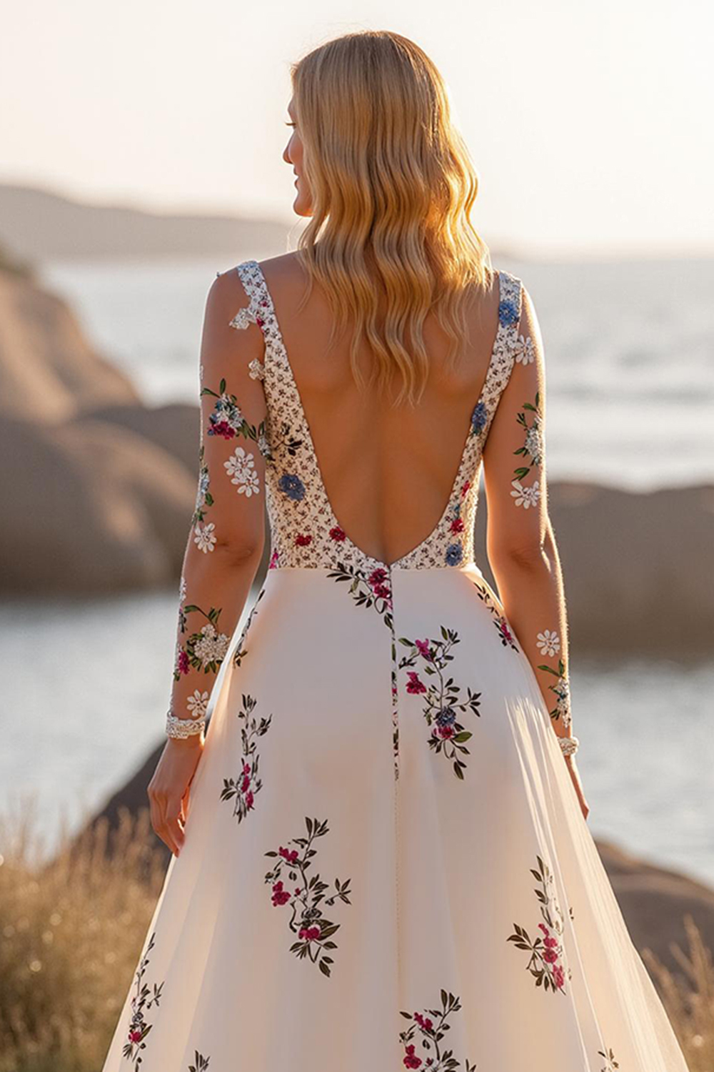 Floral White Long Sleeves Deep V-Neck Wedding Dress