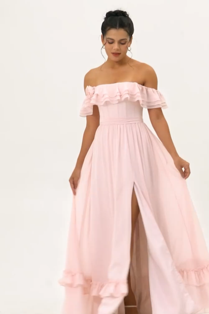 Blush Corset Floral Ruffled A Line Maxi Bridesmaid Dress with Bow