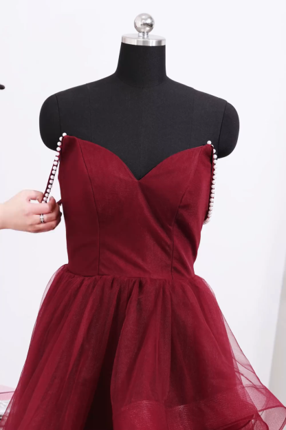 Burgundy Tulle Ruffled Ball Gown Long Prom Dress with Pearls