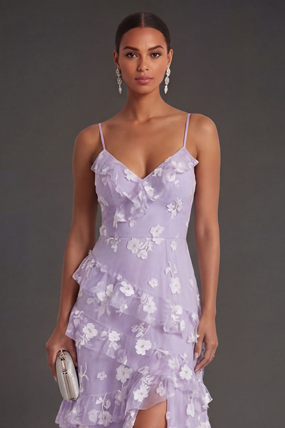 Floral White A Line Spaghetti Straps Ruffled Long Engagement Dress with Slit