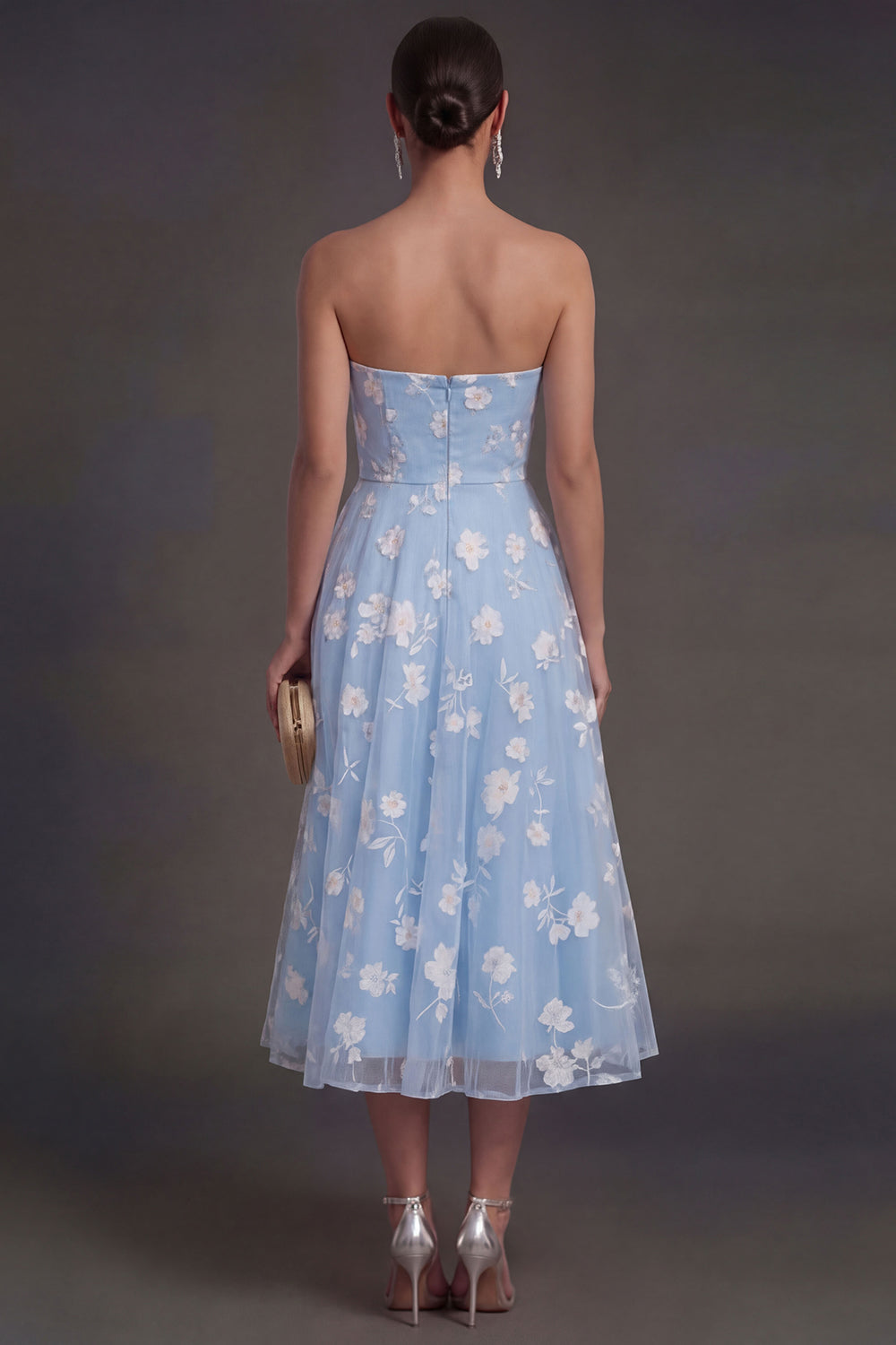 White Floral Appliqued Strapless Midi Beach Engagement Dress