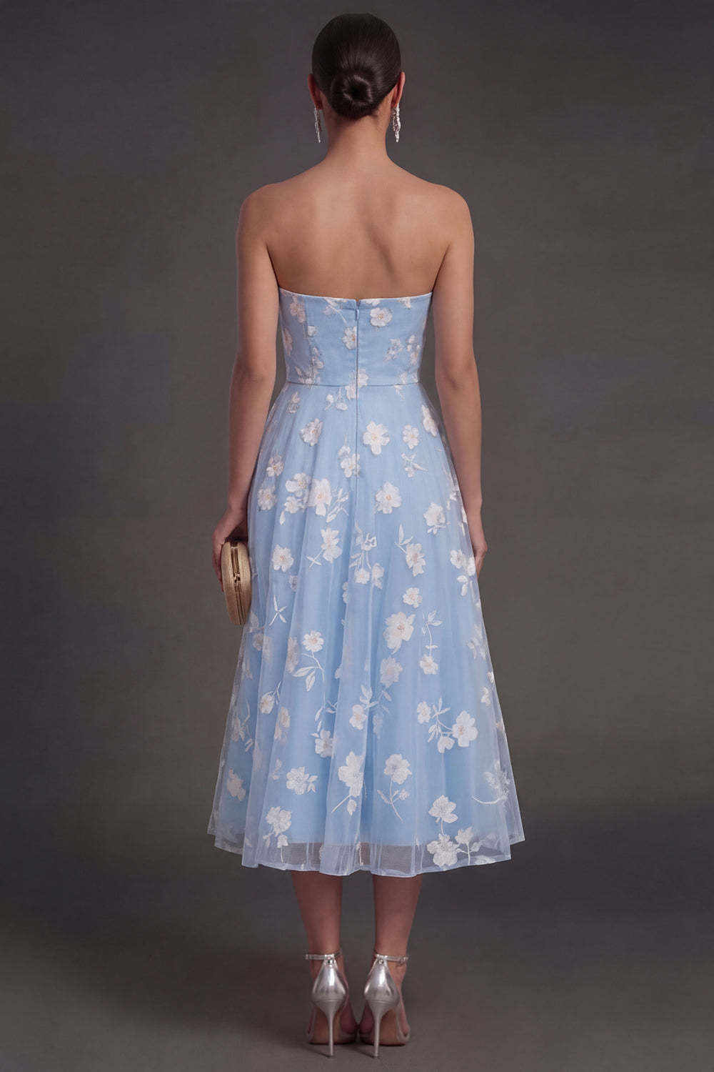 White Floral Appliqued Strapless Midi Beach Engagement Dress