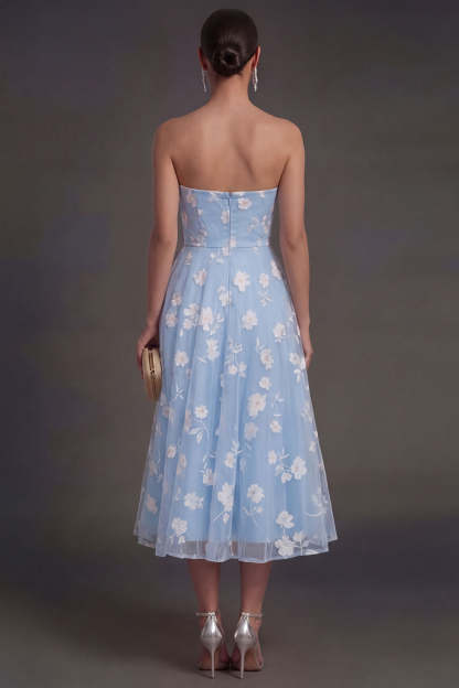 White Floral Appliqued Strapless Midi Beach Engagement Dress