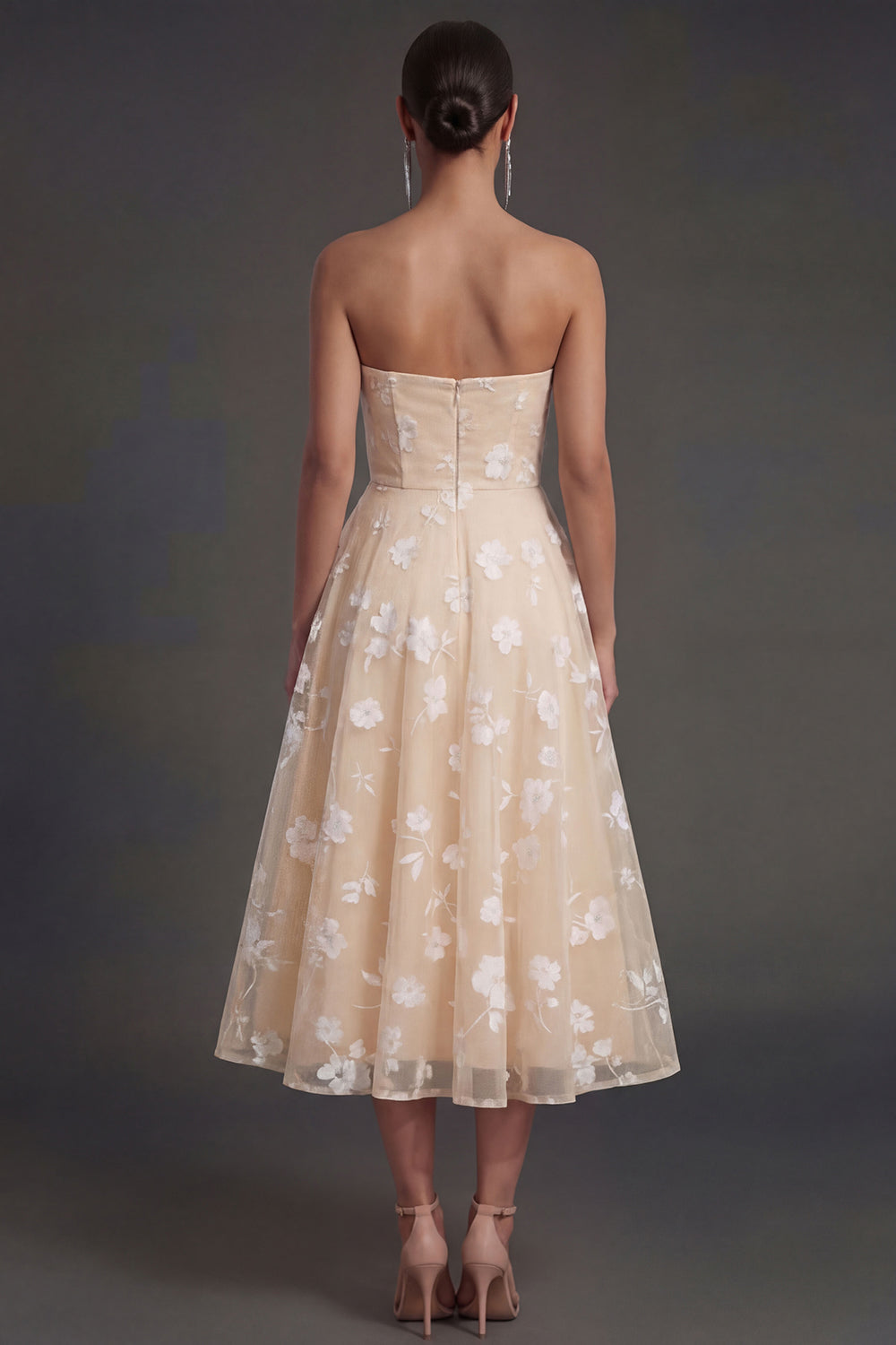 White Floral Appliqued Strapless Midi Beach Engagement Dress