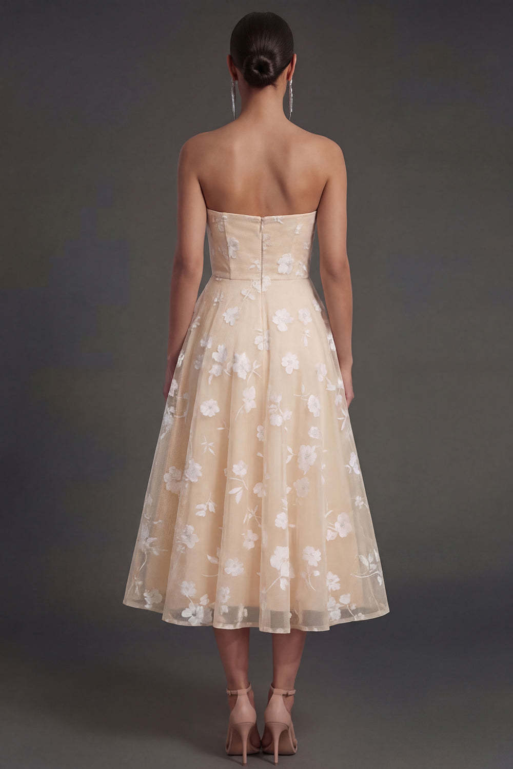 White Floral Appliqued Strapless Midi Beach Engagement Dress