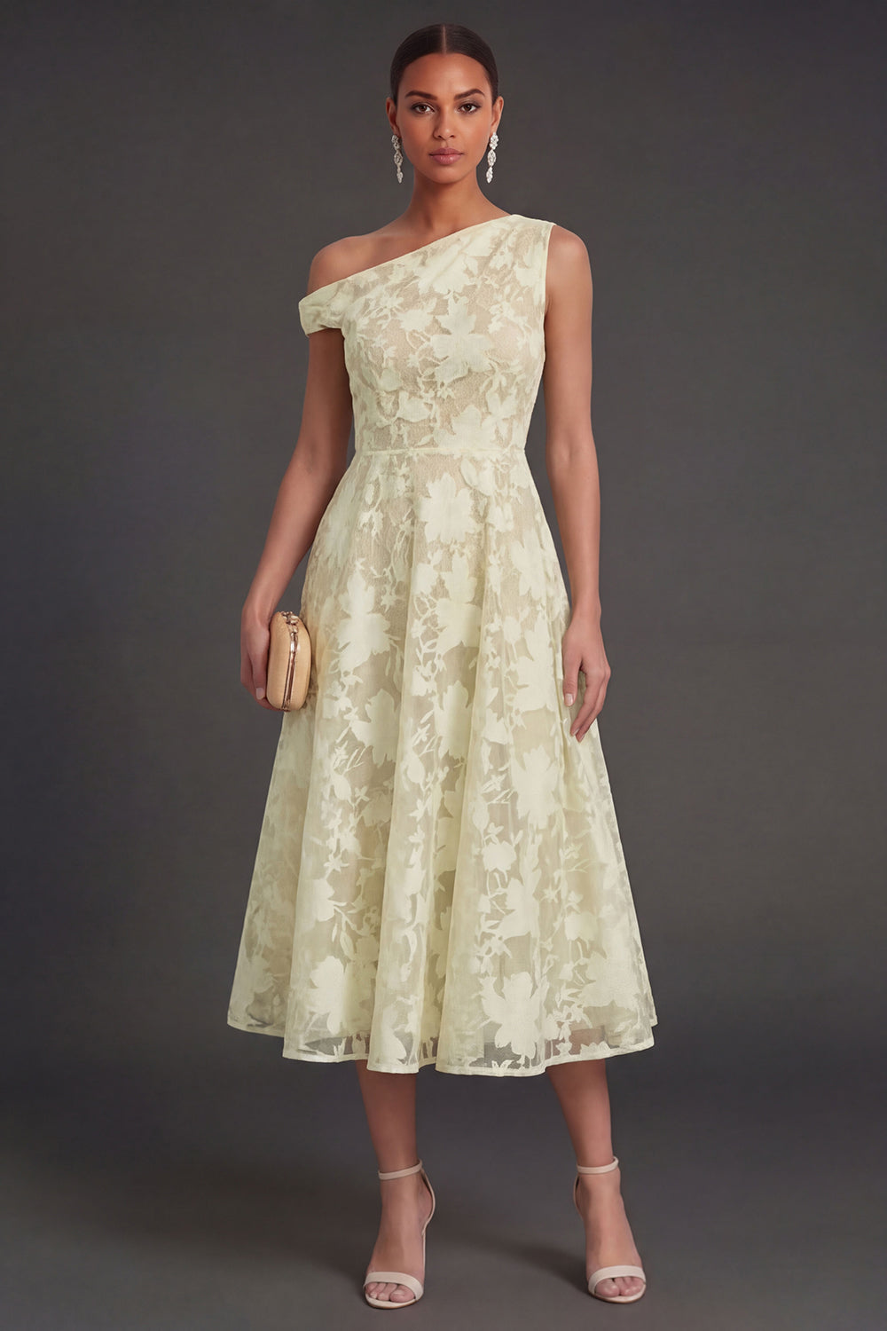 Floral Lace One Shoulder White A Line Midi Beach Engagement Dress