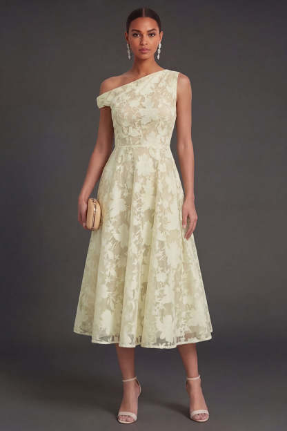 Floral Lace One Shoulder White A Line Midi Beach Engagement Dress