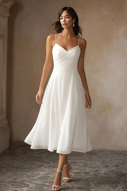 Simple White Chiffon A Line Spaghetti Straps Midi Engagement Dress