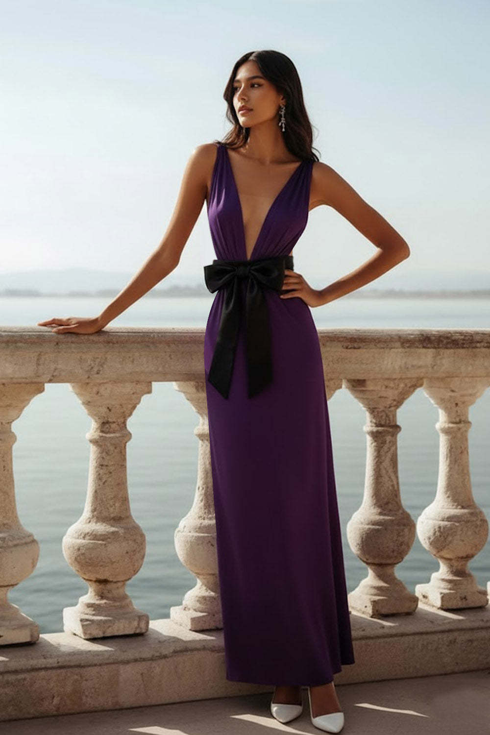 White Sheath Deep V-Neck Long Wedding Reception Dress with Bow