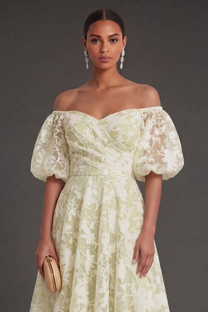 Yellow A Line Puff Sleeves Floral Long Beach Wedding Guest Dress