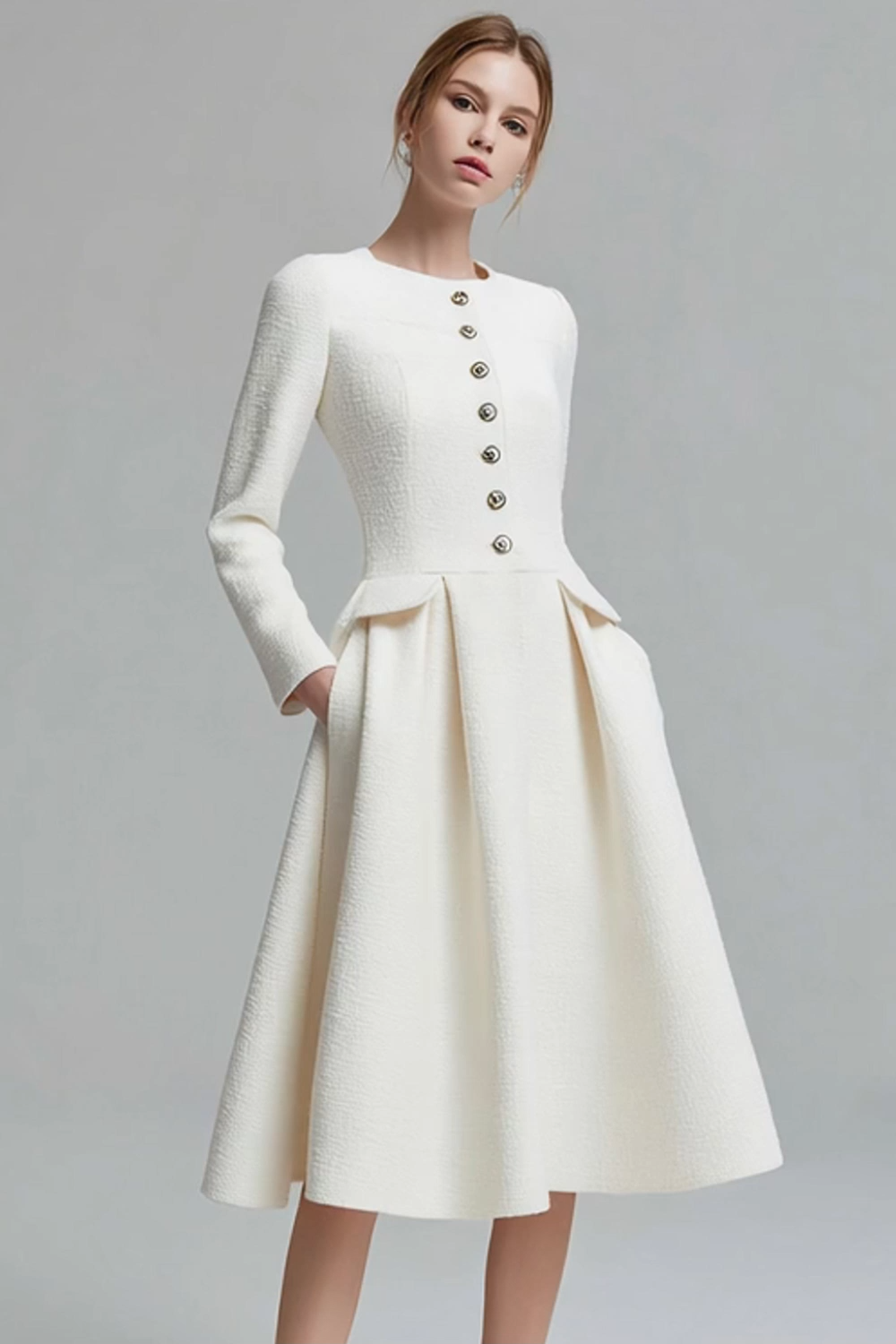 Tweed Ivory Long Sleeves A Line Midi Pageant Interview Dress with Pockets