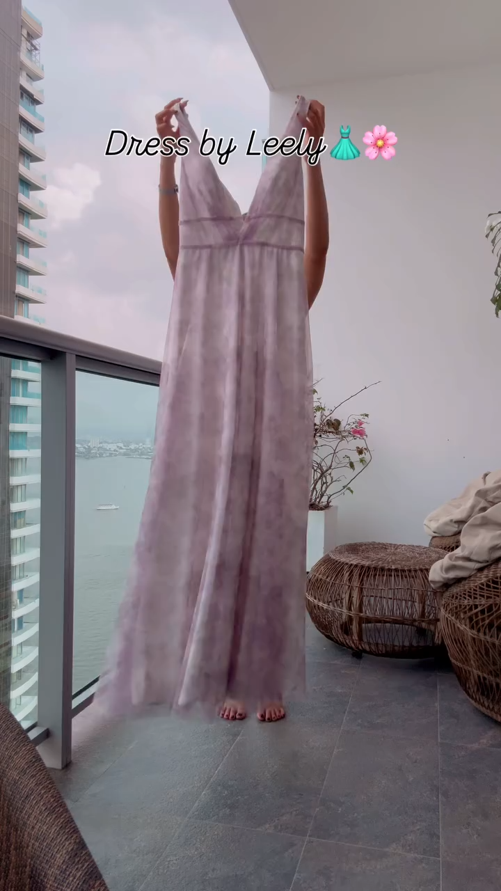 Ivory Purple A Line V-Neck Printed Wedding Guest Dress With Slit