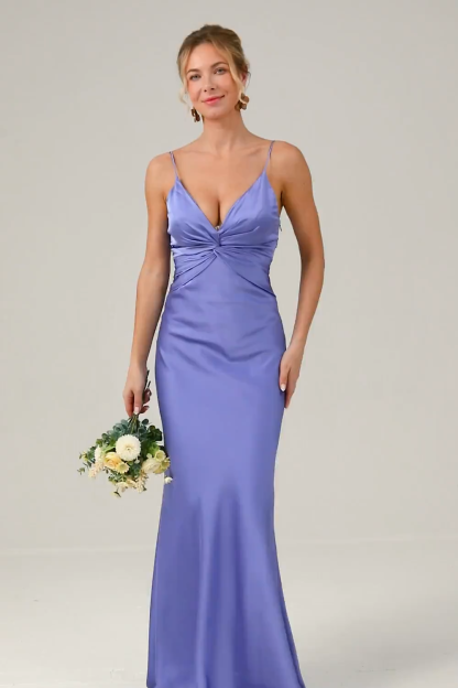 Purple Spaghetti Straps Twist Front Satin Mermaid Bridesmaid Dress
