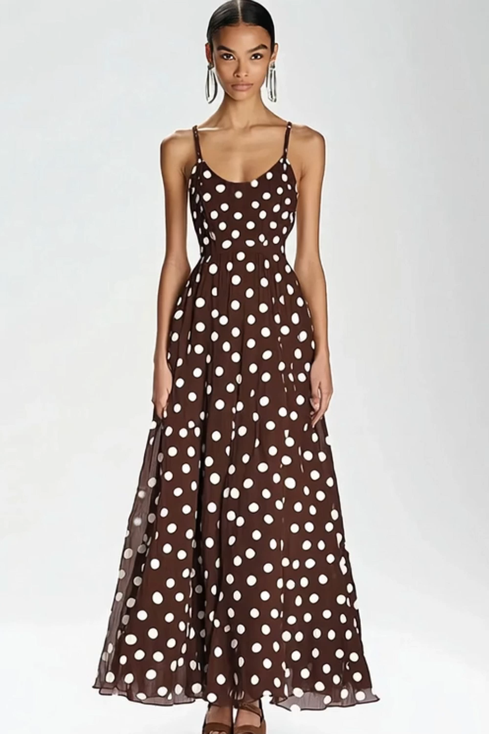 Coffee and White Boho Spaghetti Straps A Line Maxi Chiffon Polka Dot Dress