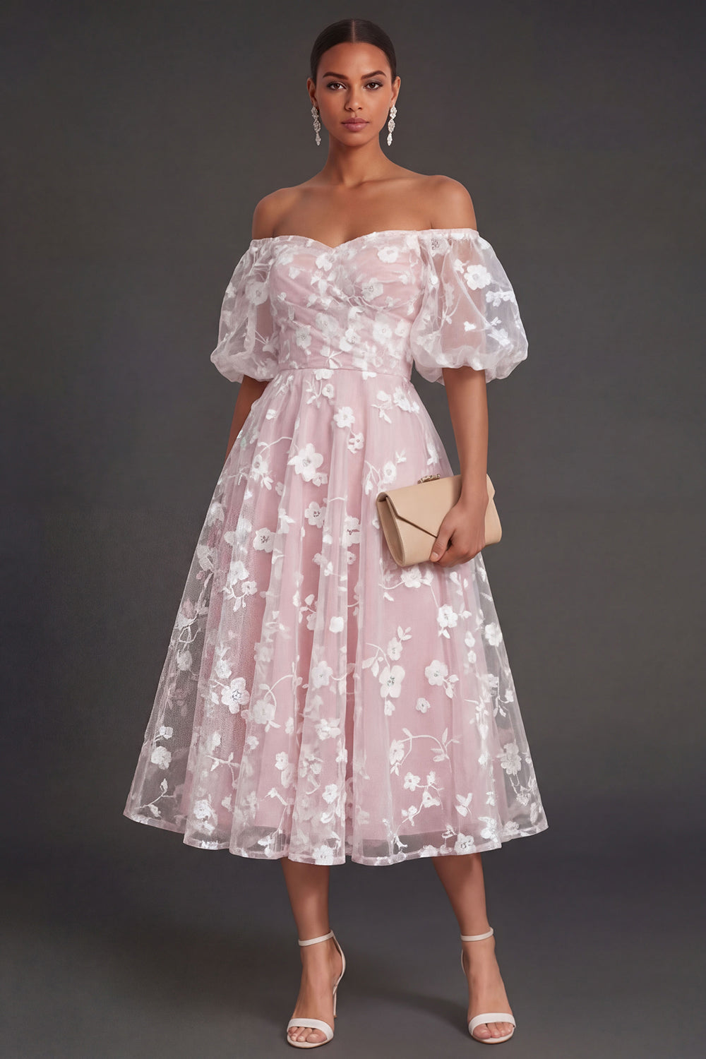 White Floral Appliqued Off the Shoulder Midi Beach Engagement Dress