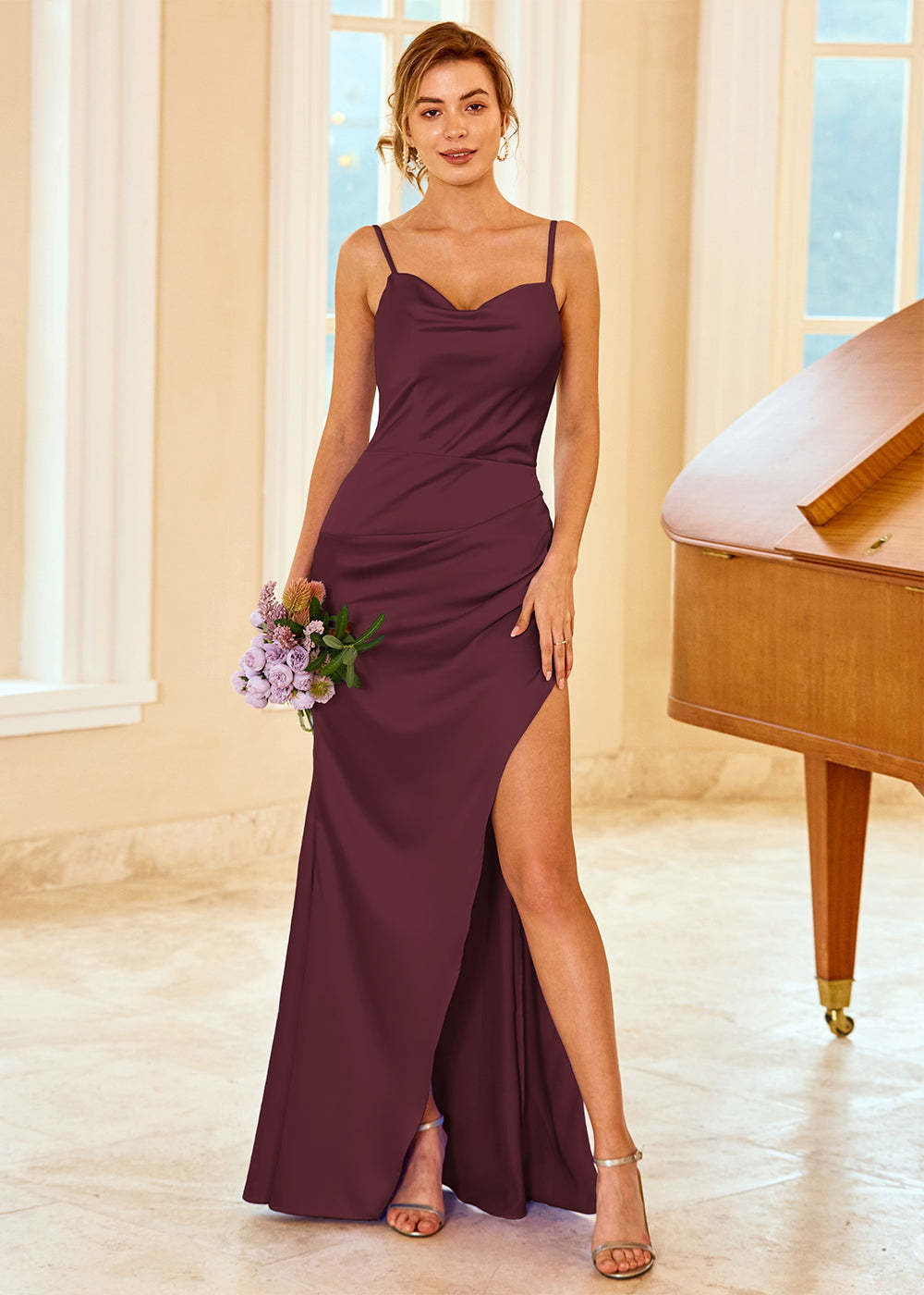 Satin Long V-neck Bridesmaid Dress with Split