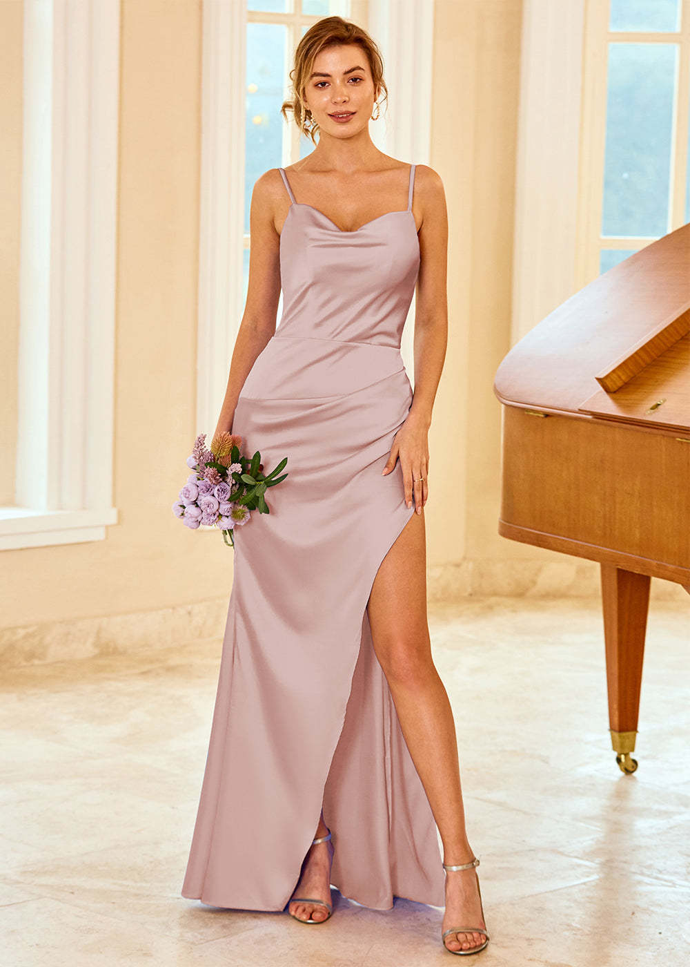 Satin Long V-neck Bridesmaid Dress with Split