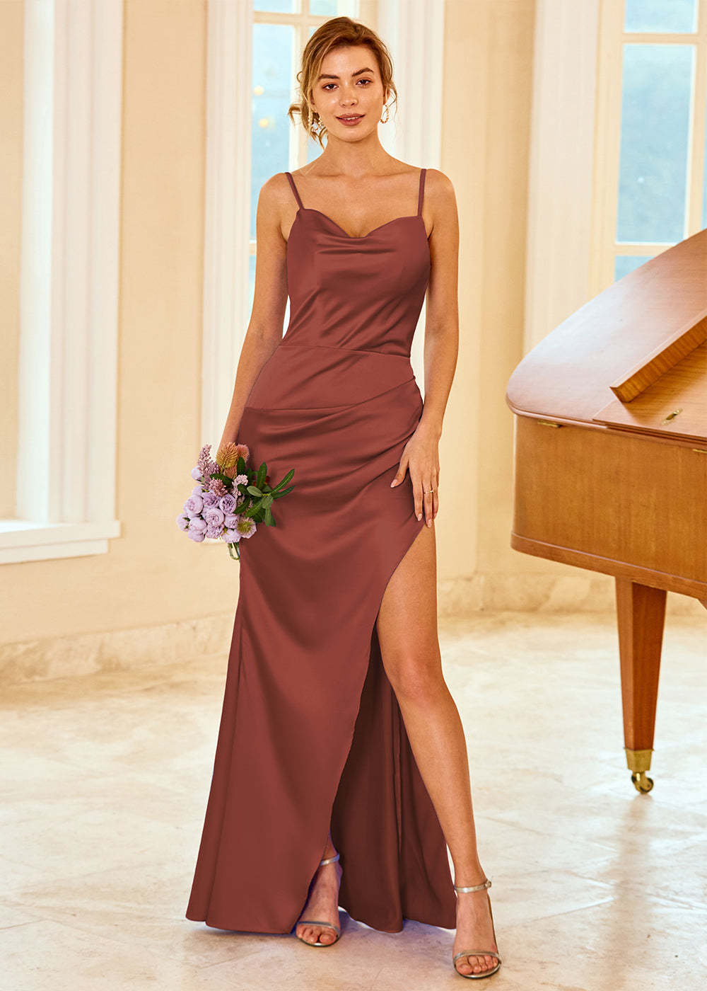 Satin Long V-neck Bridesmaid Dress with Split