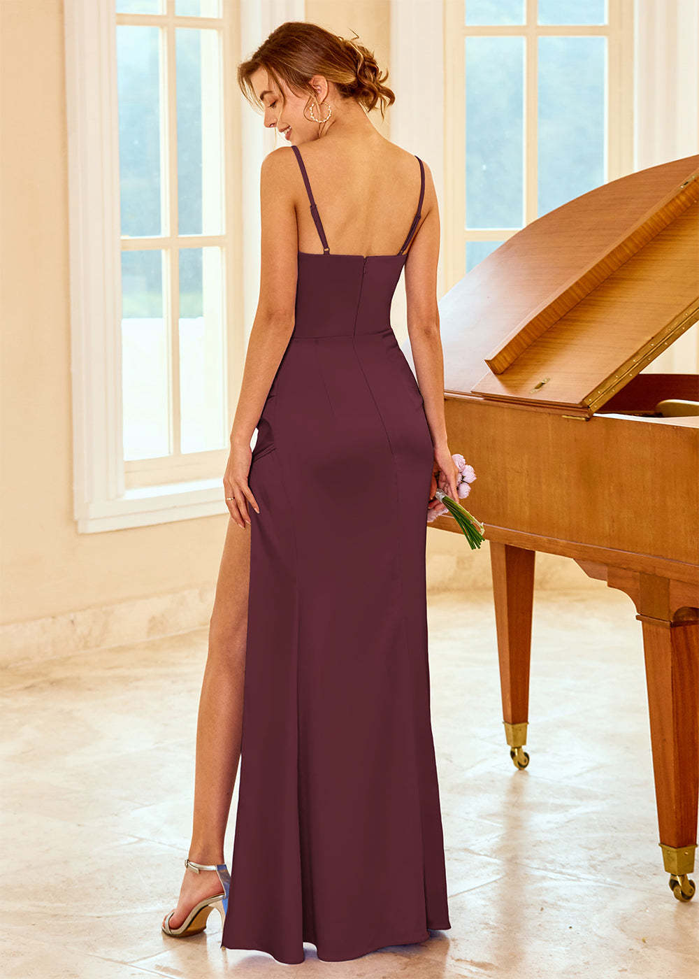 Satin Long V-neck Bridesmaid Dress with Split