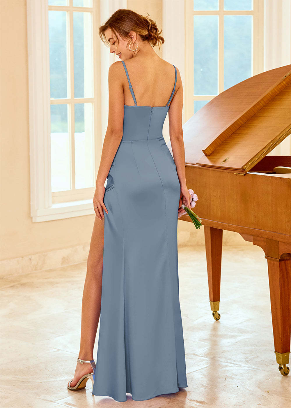 Satin Long V-neck Bridesmaid Dress with Split