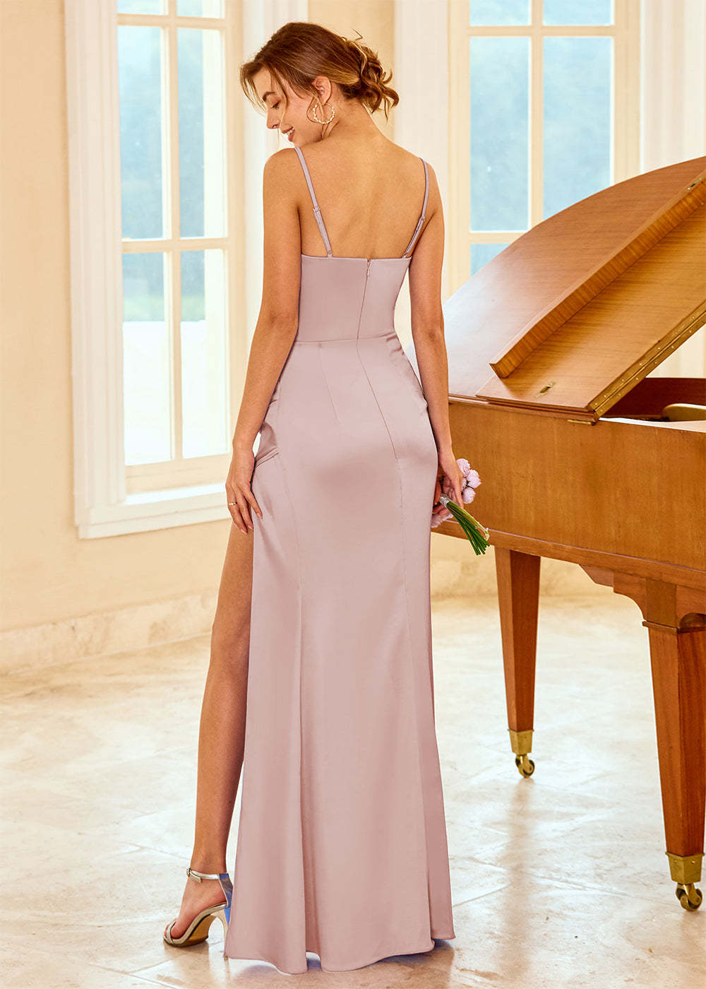 Satin Long V-neck Bridesmaid Dress with Split