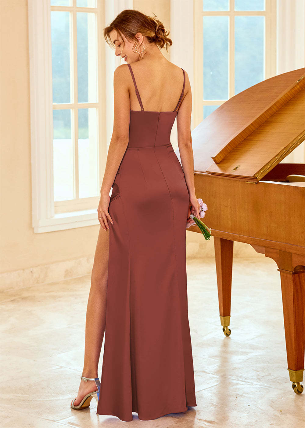 Satin Long V-neck Bridesmaid Dress with Split