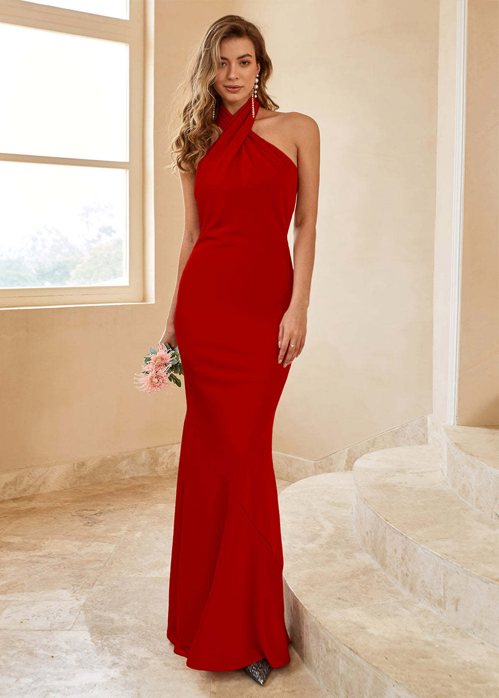 Sheath Halter Backless Bridesmaid Dress