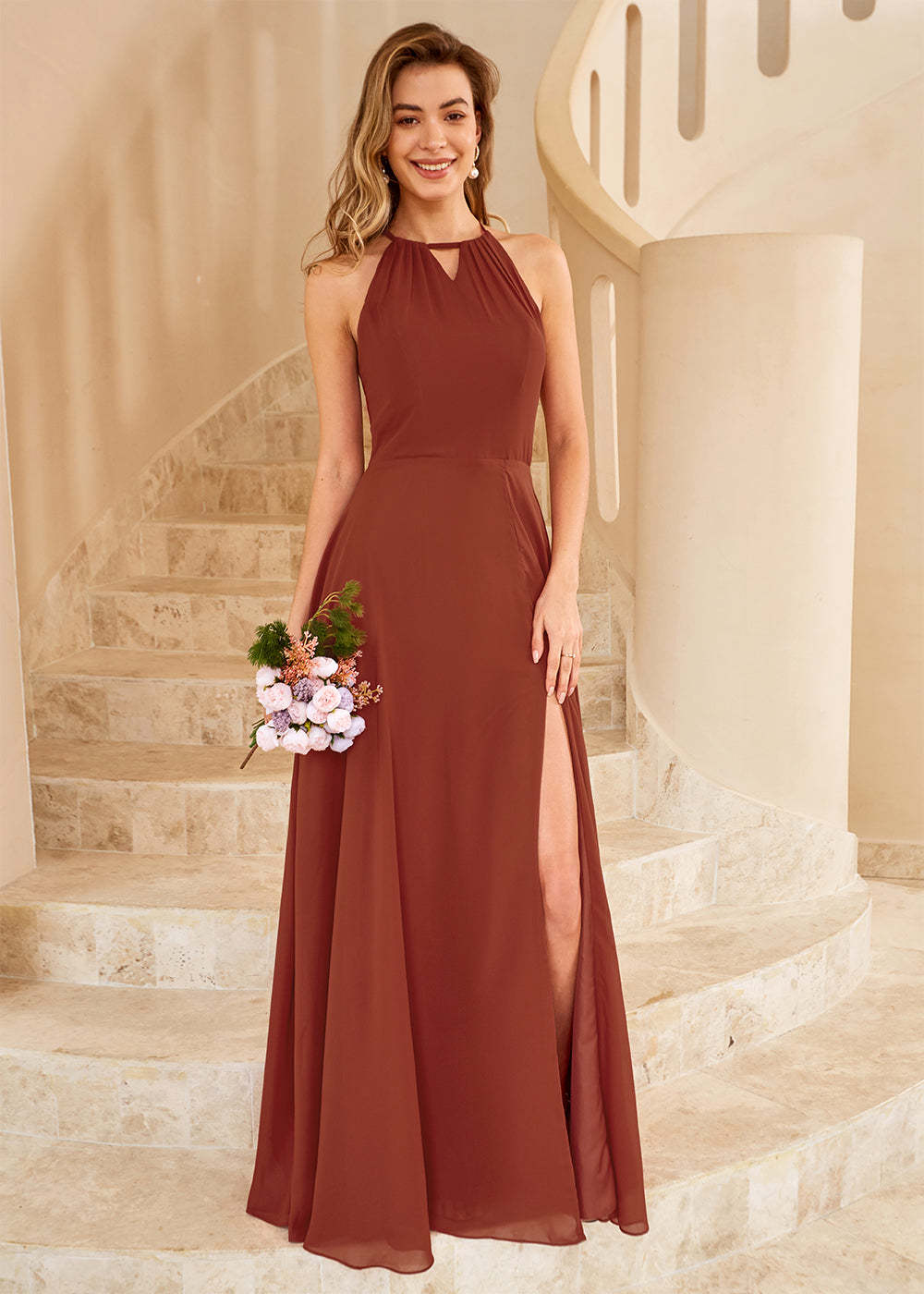 Long Halter Bridesmaid Dress with Split