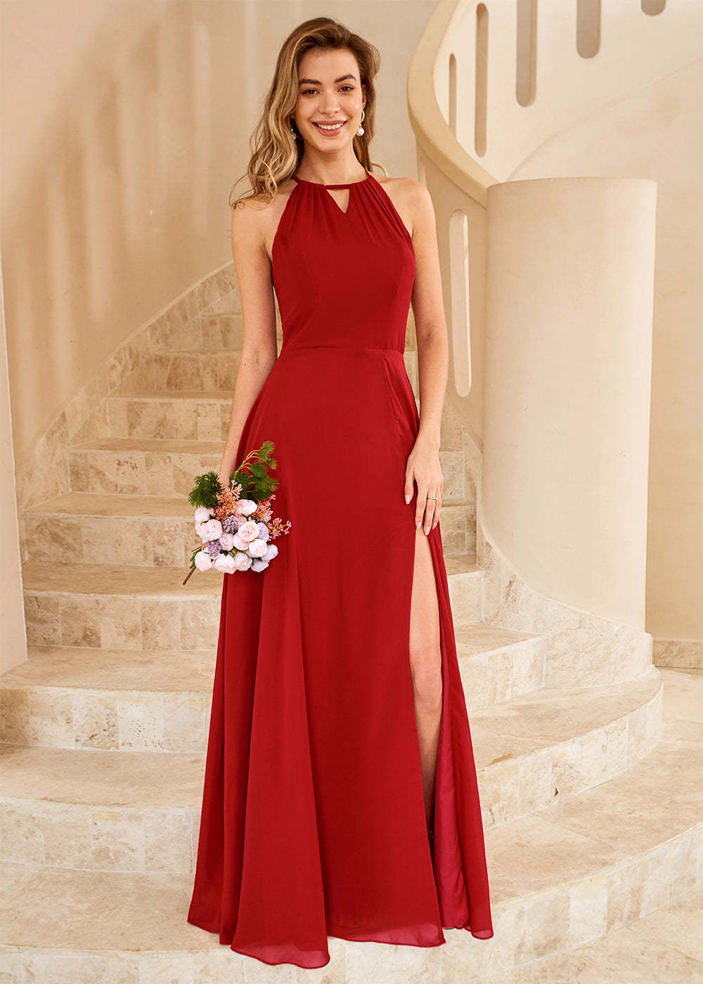 Long Halter Bridesmaid Dress with Split