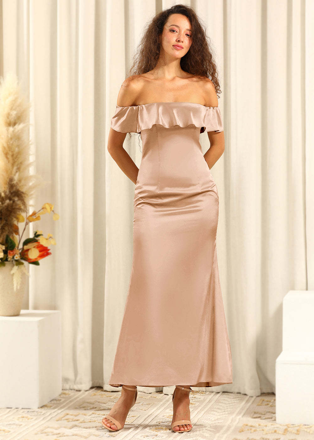 Off The Shoulder Ankle Length Satin Sheath Bridesmaid Dress
