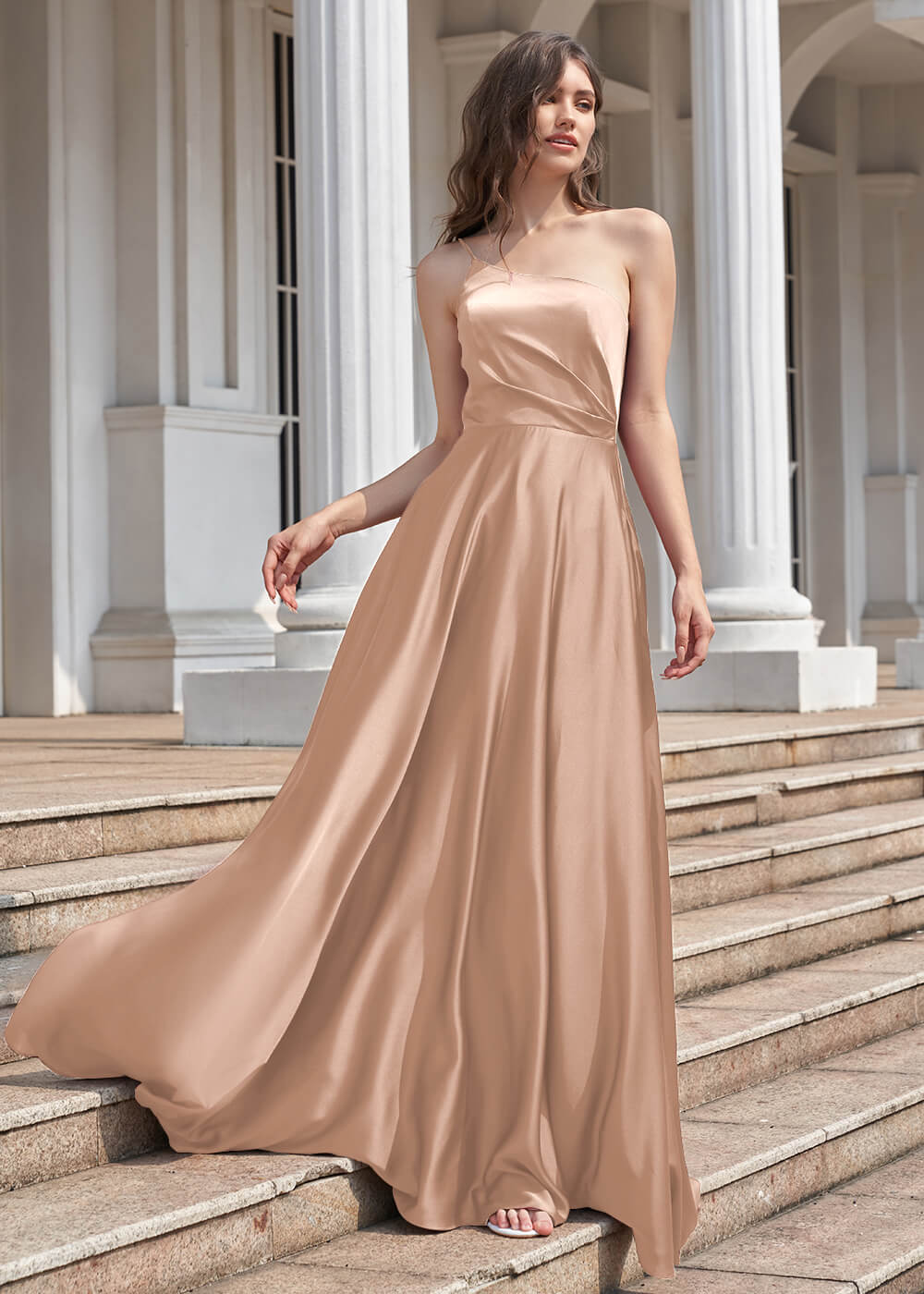 A-line Long One Shoulder Pleated Satin Bridesmaid Dress – Leely