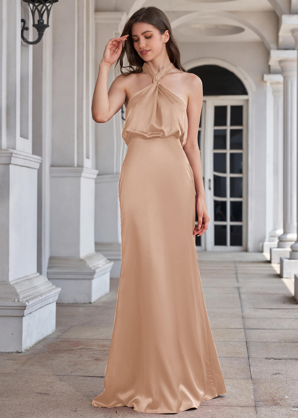 Halter Neck Sheath Satin Floor Length Bridesmaid Dress