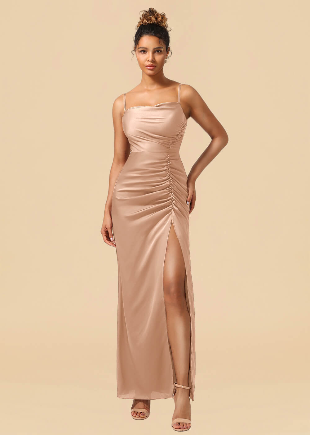 Sheath Satin Pleated Adjustable Spaghatti Strap Maxi Bridesmaid Dress